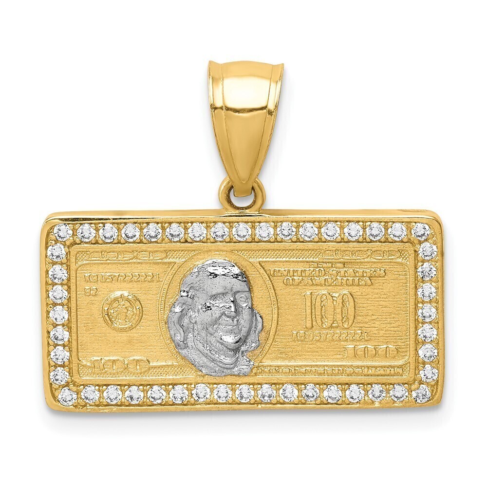 Kazi Luxury 10K w/Rhodium CZ Micropave 100 Dollar Bill Pendant